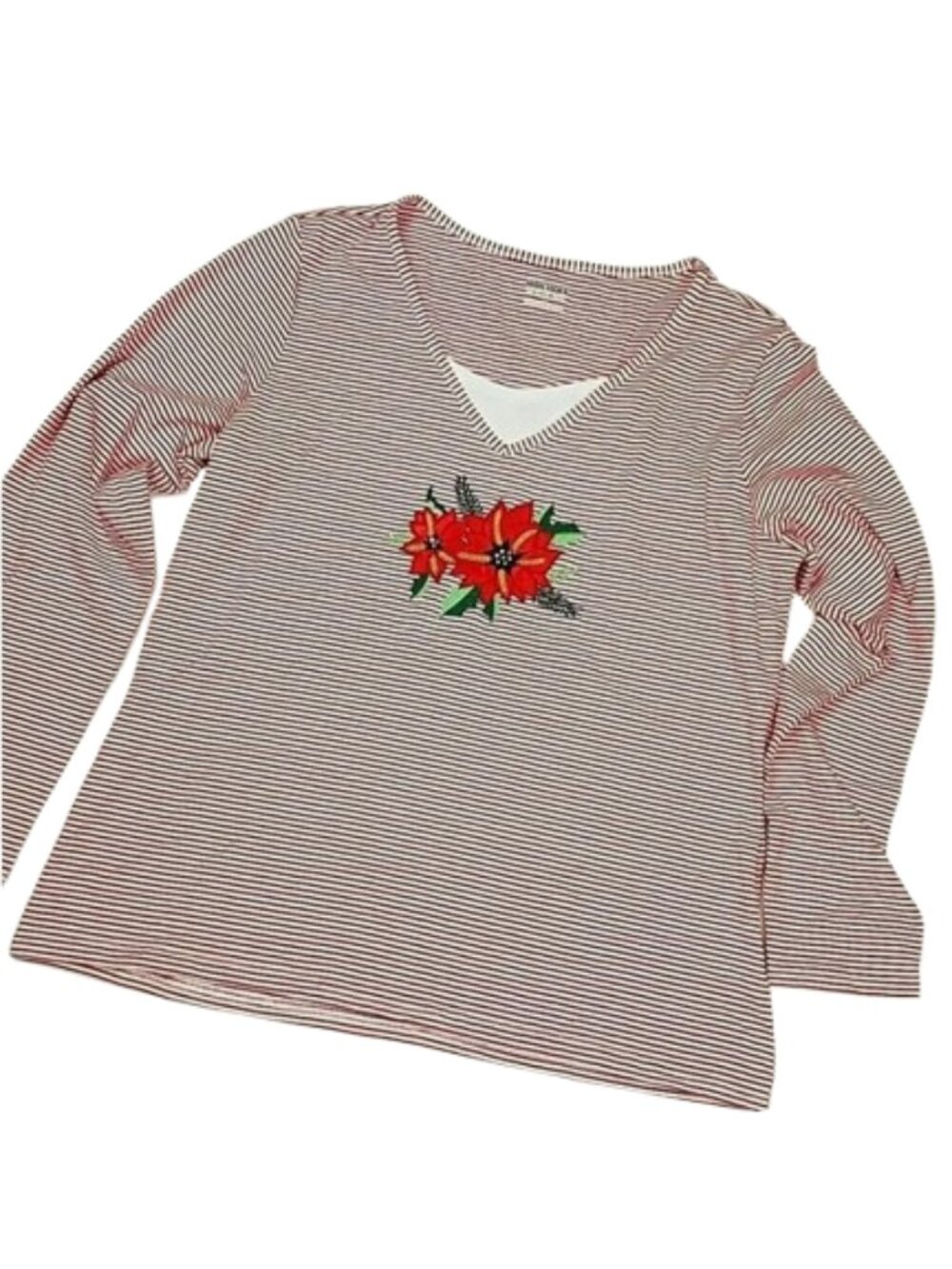 Holiday Editions Striped Poinsettia V-Neck Long Sleeve Top